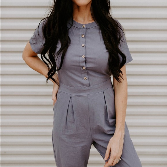 Short Sleeve Button Down Jumpsuit -Dusty Lavender - Picture 6 of 8